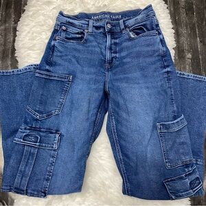 AMERICAN EAGLE CARGO SUPER HIGH RISE BAGGY STRAIGHT JEANS Y2K GRUNGE GORPCORE